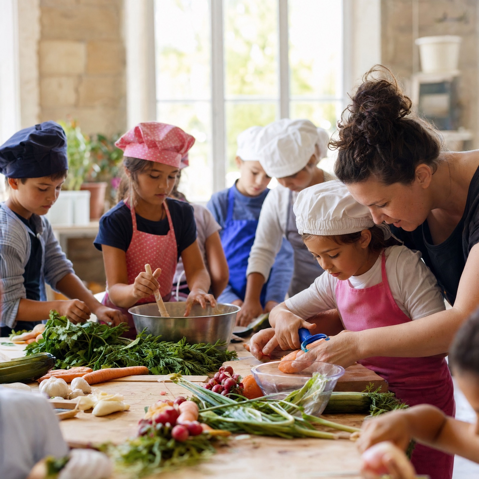 Enfants décortiquant des noix de Grenoble dans la cuisine associative