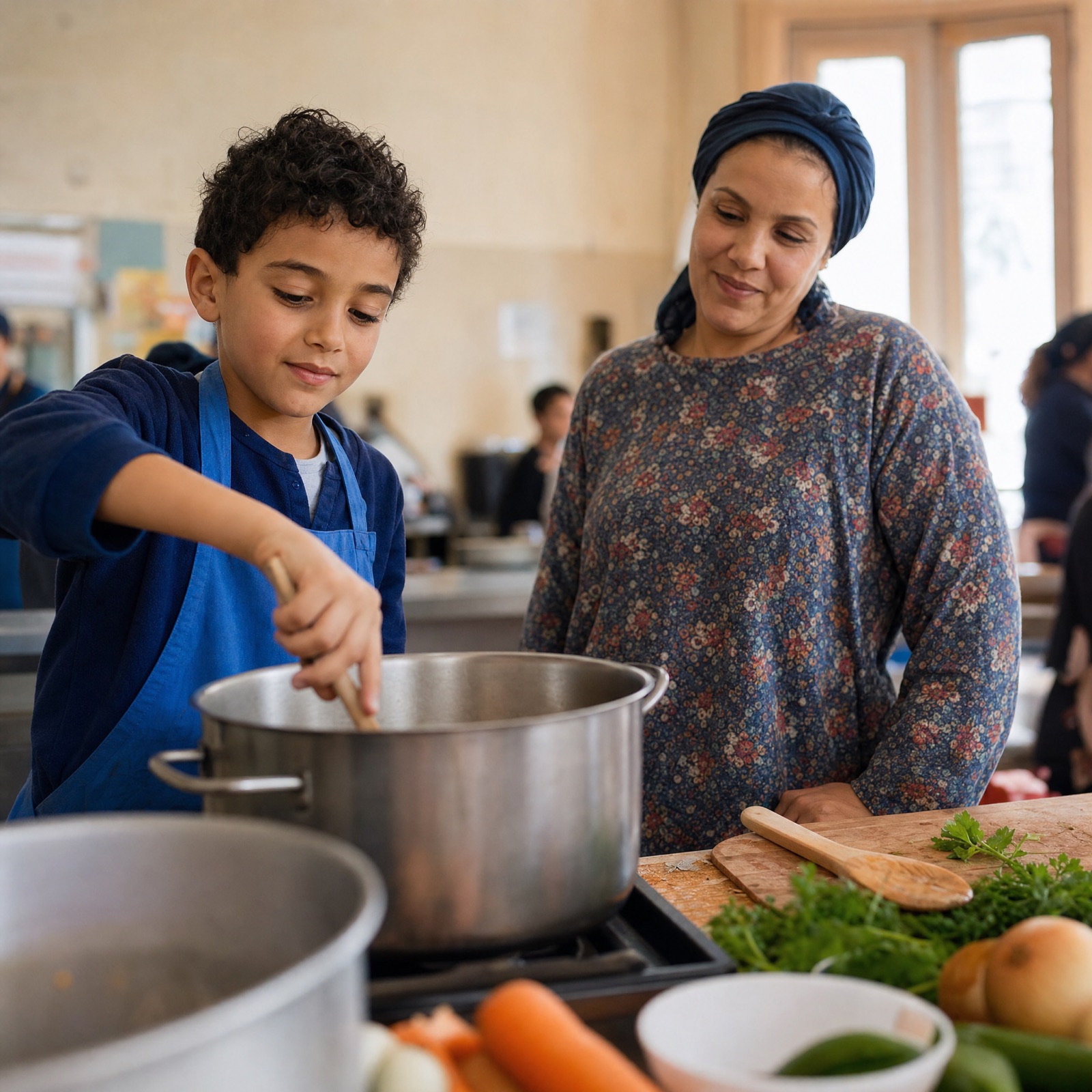 Jeune fille cuisinant avec sa mère dans une cuisine familiale